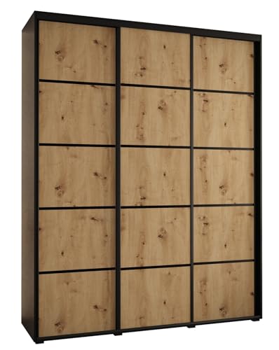 MEBLE KRYSPOL Davos 4 190 Schrank mit DREI Schiebetüren für Schlafzimmer - Moderner Kleiderschrank mit Kleiderstange und Regalen - 235,2x190x45 cm - Schwarz Artisan Schwarz