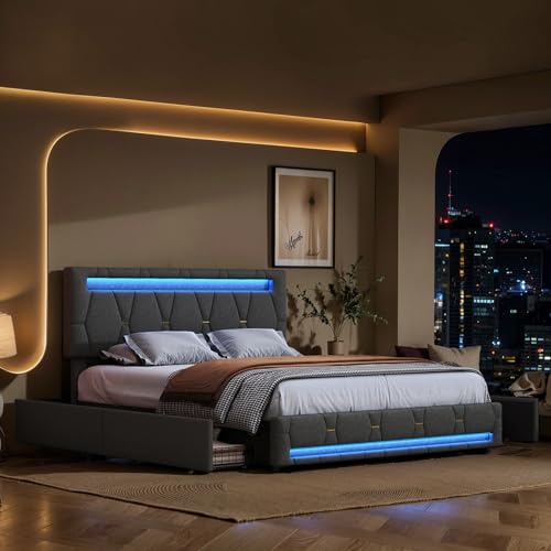 BRILVERDE Cama tapizada 140x200 con almacenaje, con 4 cajones, Cama matrimonial con Toma USB y luz LED, con cabecero y somier de láminas, Lino (Grigio, 140 x 200 cm)