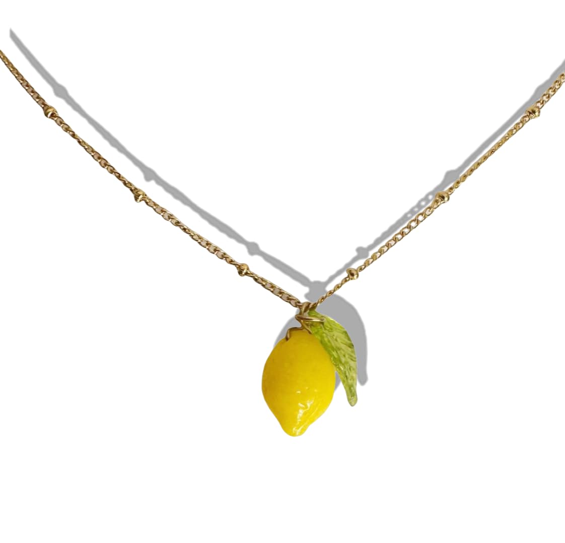 Mädelswelt Handgefertigte Zitronen-Halskette aus Edelstahl und Harz,42cm-47cm lang (gold)