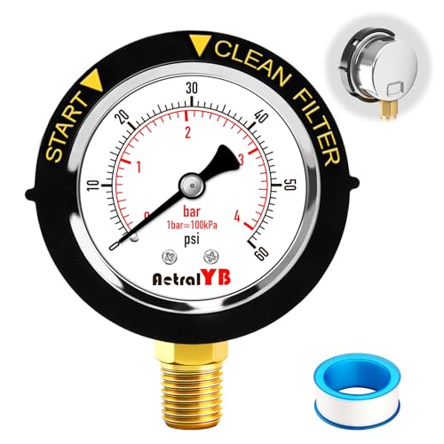 AetralYB Pool Filter Pressure Gauge 304 Stainless Steel IP67 Waterproof 0-60 Psi/Bar 2 Dial 1/4 NPT Bottom Mount 2% Accuracy for Swimming Pool Sand Filter Systems 1Pc Taflon Tape Included