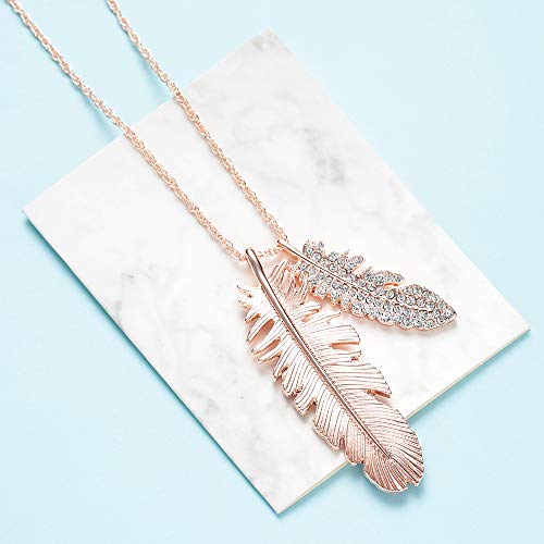 Lateefah Rose Gold Feather Pendant Necklace - 2 Feathers Aaaaa Cz Drop Simulated Plume Statement Y Necklace For Women Long Chain Pendant Necklace … …… #TOP3
