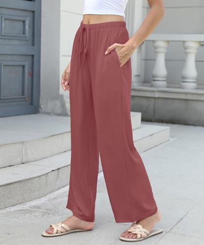 KUOTAI Women Casual Elastic High Waist Wide Leg Pants Flowy Beach Palazzo Trousers with Pockets3