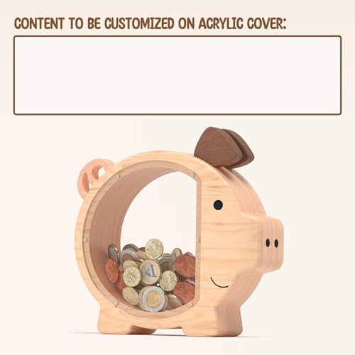 Image of Piggy Bank for Kids Boys,Natural Kids Piggy Bank with Creative DIY Stickers | Large Wooden Clear Coin Bank, Birthday & Toddlers Gifts, Personalized Money Box Toys for Child Cute Room Christmas Decor