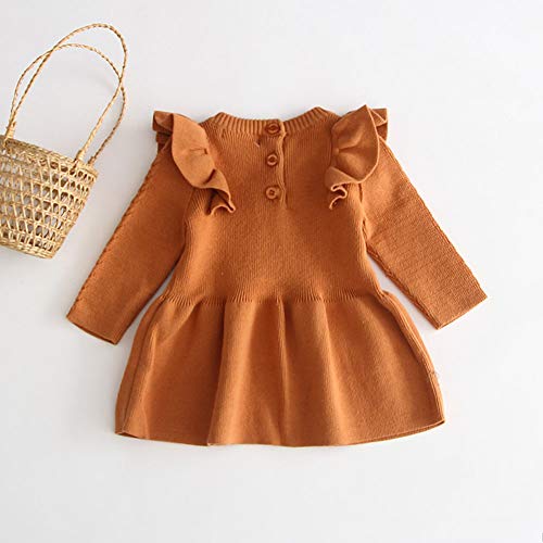 mlpeerw Toddler Baby Girl Knitted Dresses Kids Solid Ruffle Long Sleeve One Piece Dress Fall Winter Warm Sweater Outfits (Yellow,1-2T) - Thumbnail 3