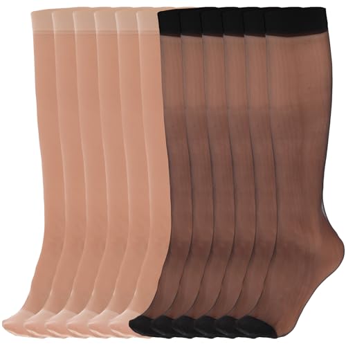 Knee High Stockings for Women 15D Knee Socks 6 Pairs Nude and Black Silk Stockings Reinforced Toes Thin Socks for Highs Shoe Party One Size
