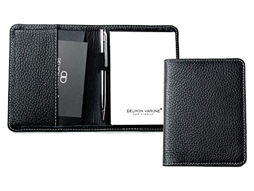 DELMON VARONE - Personalisierbares Notizblock Etui DIN A7 aus Premium Leder Soft Grain schwarz, Taschen Memoblock im Lederetui mit Mini Kugelschreiber, Stiftschlaufe, Einschubfach & Notizblöcke