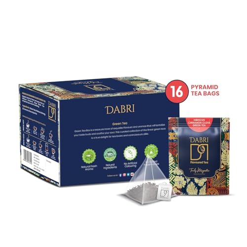 Image of Dabri Hibiscus Green Tea 32 Pyramid Dip Teabags|Pack of 2 x 16 Bags Each|Premium Loose Leaf Blend with Cinnamon, Clove|Natural Hibiscus leaves & Spices|Manage Weight, Hair Regrowth