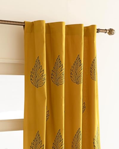 Image of THE LINEN COMPANY Duck Canvas Printed Curtains 7.5 Feet, Premium Leaf Design Curtains for Home, 7.5ft Set of 2, Blue Leaf on Mustard