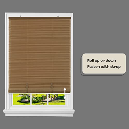 Image of Cordless Solstice Vinyl Roll-Up Blind - 72 Inch Width, 72 Inch Length, Quarter Inch Vinyl Slats - Woodtone - Soft Light Filtering Horizontal Windows Blinds for Indoor & Ourdoor by Achim Home Decor