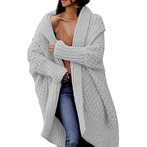 Ghemdilmn Women's Warm Knitted Long Cardigan Chunky Knit Cardigan Long Sleeve Cardigan Open Front Sweater Oversize Pullover Coat Openwork Poncho Women's Elegant Casual Solid, gray, XXL Cover
