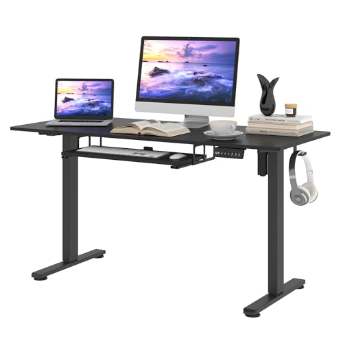 JUNHEDAMAI Electric Height Adjustable Standing Desk with Keyboard Tray, 55 * 24 Inch Sit Stand Up Desk, Ergonomic Computer Desk with 2 Headphone Hook for Home Office Sturdy Writing Workstation, Gaming