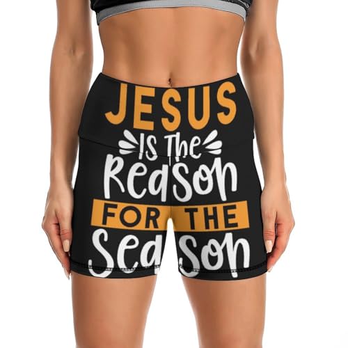 Jesus is The Reason for The Christmas Season High Waist Yoga Shorts for Women Athletic Shorts Leggings Running Pants Black