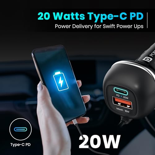 Image of Portronics 71W Car Power 1C Triple Output Fast Car Charger with 33W Type-C Cable, 20W Type-C PD, 18W USB Port, Fast Charging Adapter Compatible with Cars for iPhone & Android Smartphone (Black)