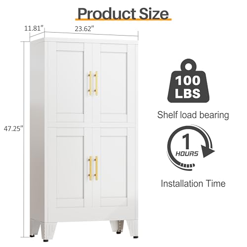 Image of 47 inch White Metal Bathroom Storage Cabinet, Kitchen Pantry Cabinet | Steel Storage Cabinet with Doors and 3 Adjustable Shelves, Bathroom cabinets Organizer, for Home Office, Bedroom