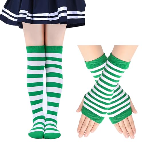 2 Pairs Thigh High Socks & Long Fingerless Gloves, Striped Knee High Socks and Arm Warmers for Girls3