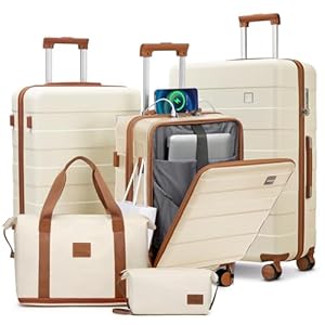 imiomo Luggage Sets 5 Piece with TSA Locks, Hardside Carry On Suitcase Set with Spinner Wheel, Lightweight Travel Luggage with USB Port, White