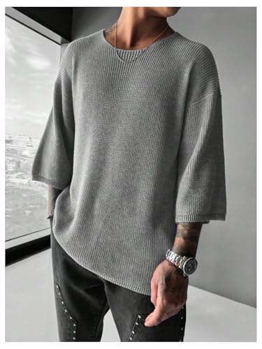 Verdusa Men's Drop Shoulder 3/4 Sleeve Sweaters Crew Neck Ribbed Knit Tops2
