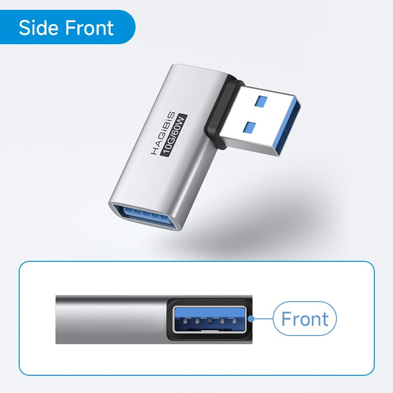 Image of Hagibis USB 3.2 Adapter 2 Pack, 90 Degree Right and Left Angle USB A Male to Female Connector OTG Adapter Cable Extender for Laptops Charger PC Car Mouse Keyboard (Side Front)