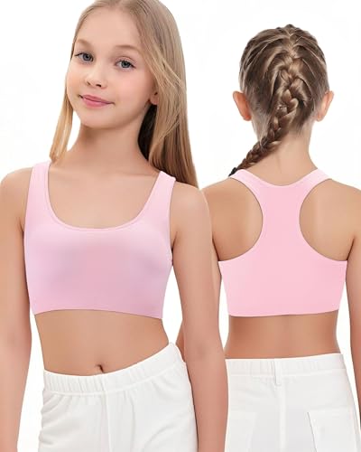 iMuchic Brasier deportivo de espalda cruzada para niñas, camiseta interior elástica incorporada, brasier de entrenamiento sin costuras en colores diarios para adolescentes, Rosado, Medium