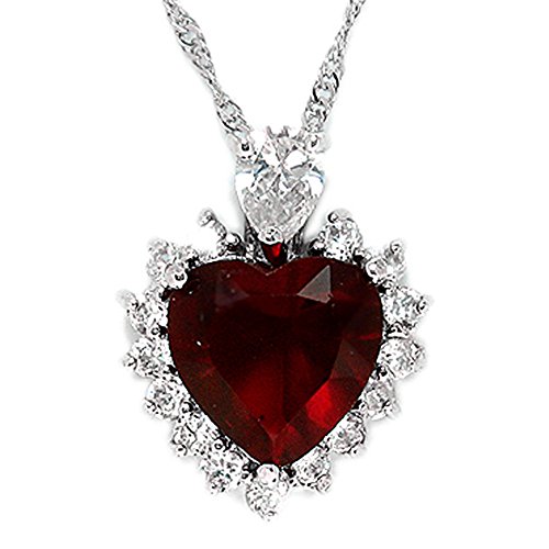 Rizilia Ocean Heart Pendant with 18 Chain & Heart Cut Gemstones CZ [Red Ruby] in 18K White Gold Plated, Simple Modern Elegance