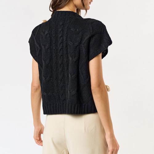 Image of Argeousgor Womens Y2k Lace Up Ribbon Sweater Vest Bow Twist Cap Sleeve Crochet Vest Mock Neck Pullover Knit Sweaters (Black, M)