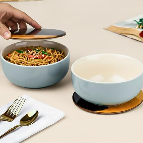 Image of The Earth Store Grey Mellow Ceramic Bowl With Lid /Coaster Set of 4, 450 ML Each | Dishwasher & Microwave Safe Serving Bowls for Snacks, Dal, Pasta, Vegetables and More | Perfect for Gifting, Daily Use