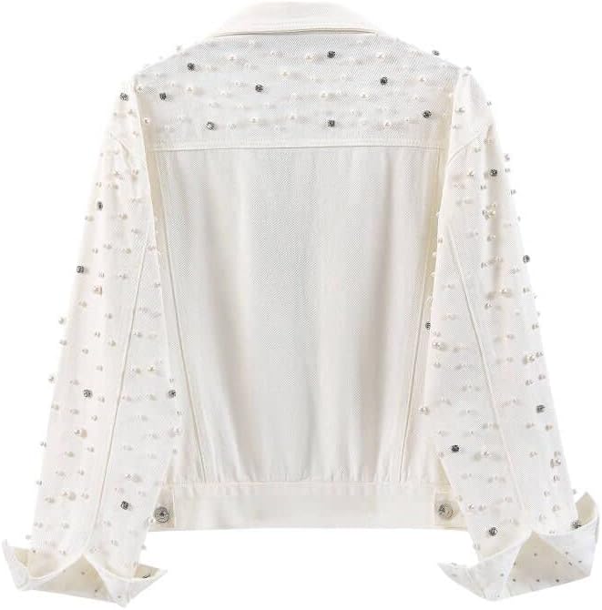 LifeShe Women's Pearls Denim Jacket Cropped Rhinestones Jean Jacket Coat - Image 4