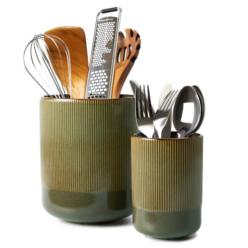Utensil Holder, 7.3″+5.3″ Ceramic Kitchen Utensil Holder for Countertop, Large Cooking Utensil Organizer, Modern Utensil Crocks Spatula Holder for Farmhouse Kitchen Counter Decor, Brown Green