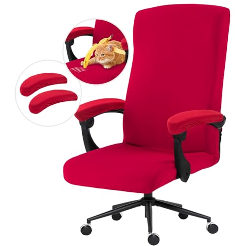 Image of Stretch Computer Office Chair Cover with Armrest Covers Durable Zipper Universal Washable Removable Spandex Rotating Boss Chair Slipcovers Anti-dust Soft Desk Chair Seat Protector, Red