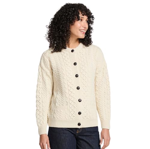 Aran Woollen Mills Achill Women's Irish Cable Knit Aran Cardigan, 100% Merino Wool, Made in Ireland, Cream, Large