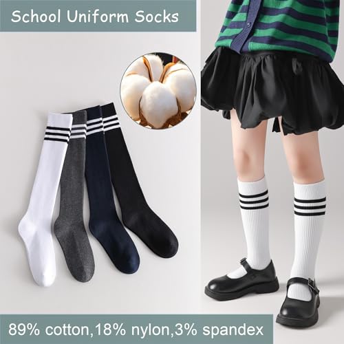Cotton Knee High Socks for Girls,Long Tube School Uniform Socks with Stripes,White Navy 3-5/5-8/8-10 Years Old2