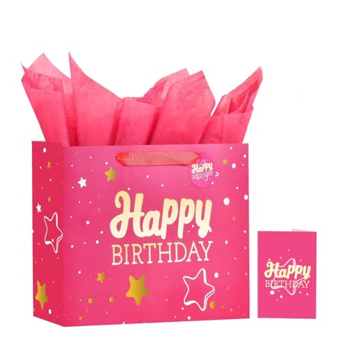 Image of Powbrace 13 inch Pink Happy Birthday Gift Bag with Tissue Paper and Greeting Card for Party,Happy Birthday Gift Bag for Men Women,Gift Bags Medium size(1 PCS Pink Hot Stamping)