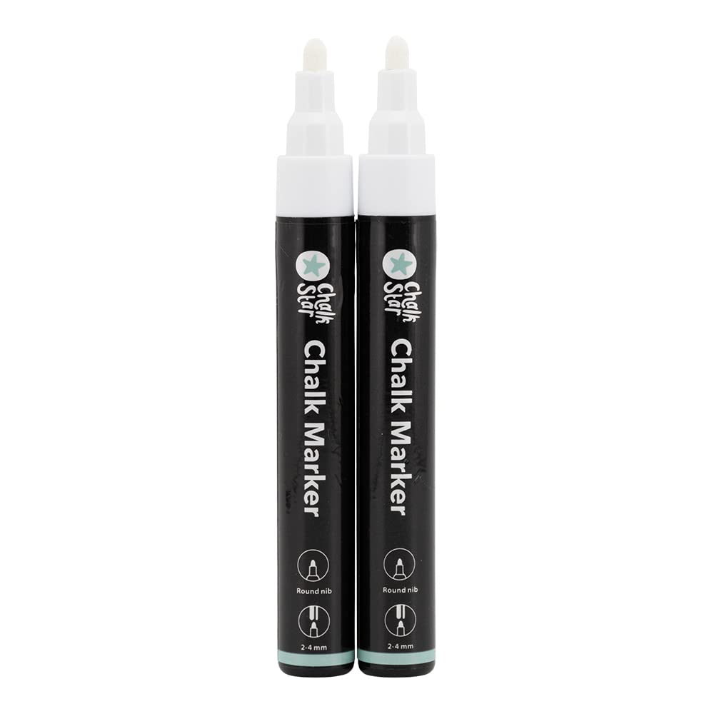 SECURIT Chalk Star 2 szt. pisaki do kredy płynnej białe do tablic, okien, szkła – końcówki okrągłe 2-4 mm