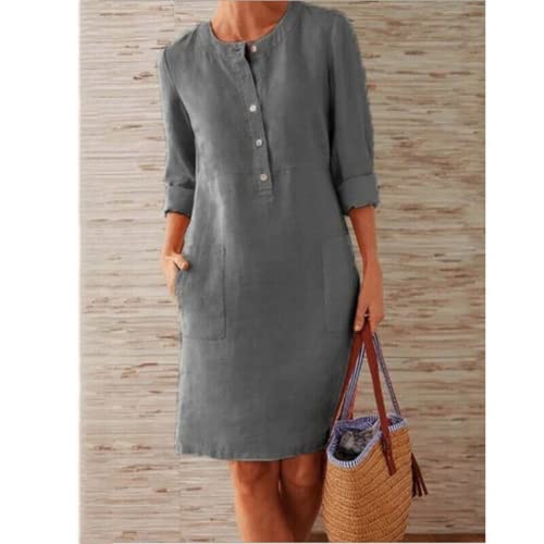 Vestidos midi femininos casuais de algodão linho solto manga plus size cor sólida (cinza escuro, M)