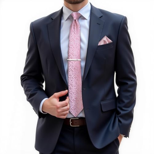 Image of DiBanGu Silk Floral Ties for Men Woven Paisley Necktie and Tie Clip Handkerchief Cufflinks Set for Party Wedding