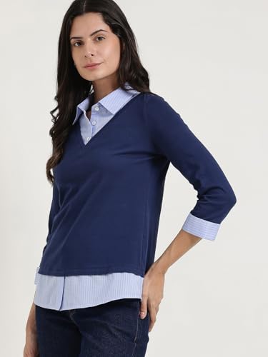 Image of FableStreet Women Shirt | Slim Fit V-Neck Layered Look with Striped Spread Collar & Three-Quarter Sleeves | Cotton Knit Jersey Fabric for Business Casual