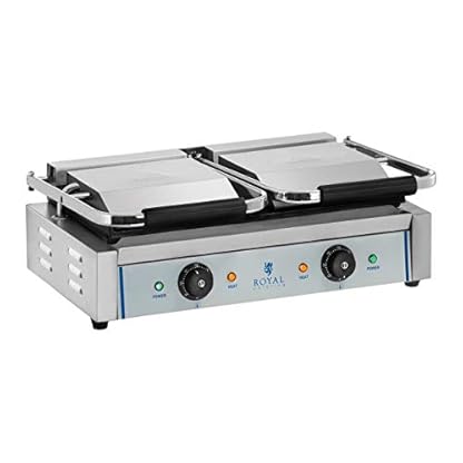 Royal Catering RCKG- 3600-F Doppel Kontaktgrill Sandwichmaker Tischgrill (Glatt, 2 x 1.800W, 300°C, Gusseisen emailliert, Edelstahl, 48,5 x 23,5cm) Silber – Bild 4