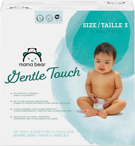 Image of Amazon Brand - Mama Bear Gentle Touch Baby Diapers, Size 3, 168 Count (4 packs of 42), Leakproof, Keeps Baby Dry, Skin Safe, Formulated without Fragrance with Wetness Indicator