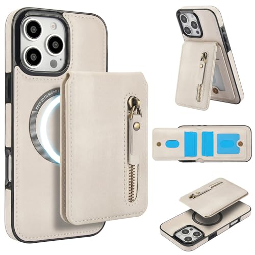 Étui iPhone 13 Mini en cuir beige blanc avec rabat arrière et portefeuille zippé