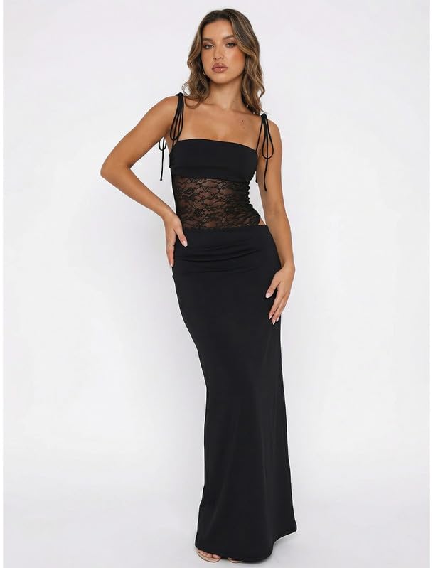 Vestido Largo Mujer Sexy Encaje Patchwork Vestidos de Tirantes Elegante sin Mangas Cuello Cuadrado Maxi Vestido Ajustado Verano Y2k Casual Bodycon Recortado Vestidos de Fiesta Cóctel Club