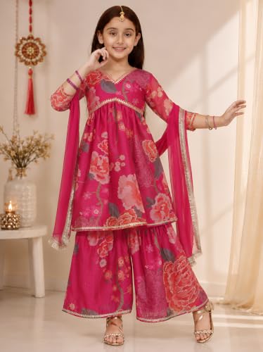 Image of Preneum Girls's Cotton Rayon Gota Pati Multi Floral Printed Angrakha Kurta with Sharara & Dupatta