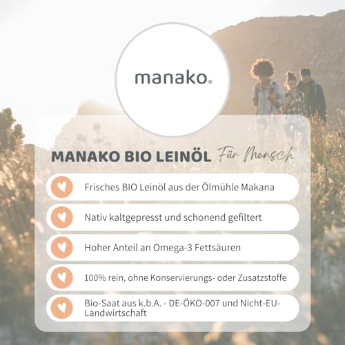 manako BIO Leinöl human, kaltgepresst und 100% rein, 750 ml Glasflasche