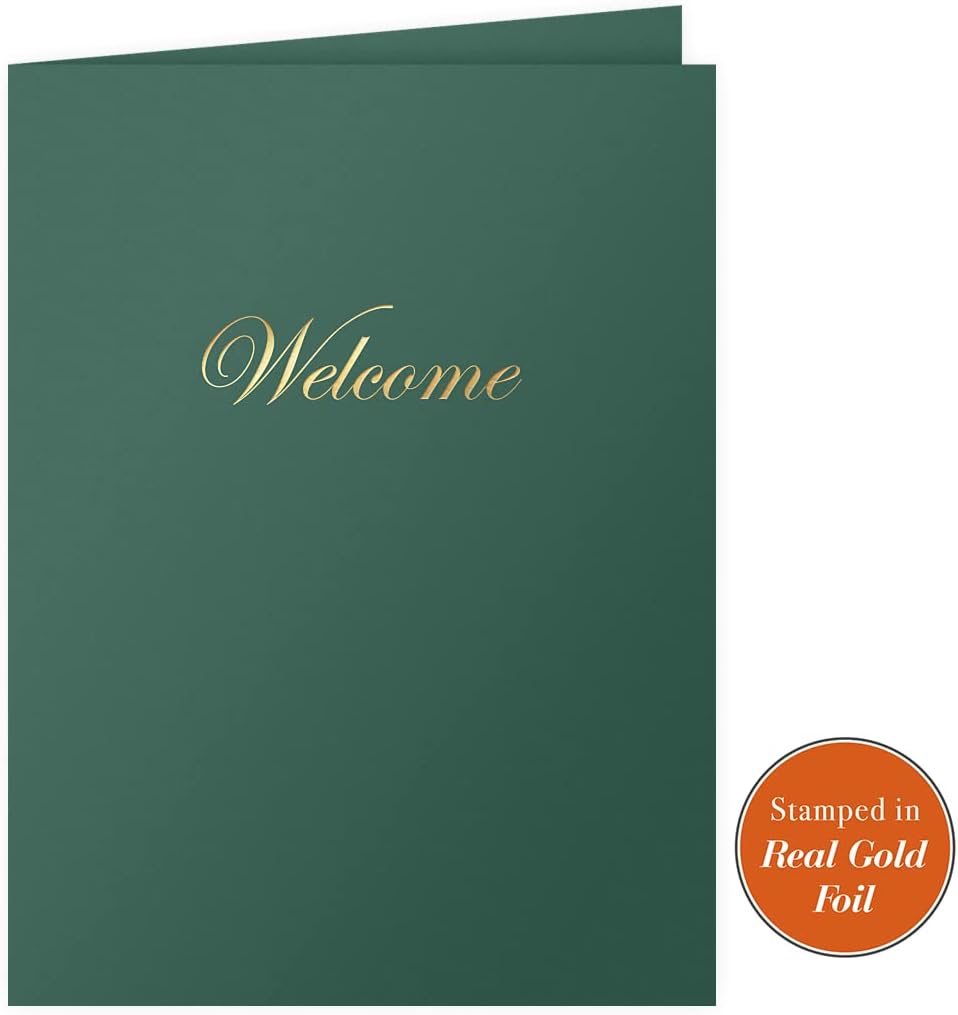 The Gallery Collection, 25 Count, Green, Welcome Pocket Folders, Gold Foil Stamped, for HR Professionals (9 x 12)