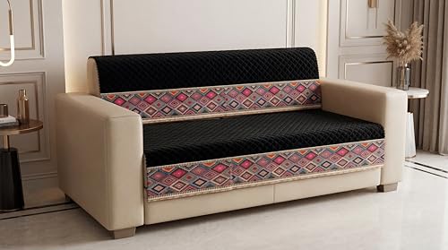 Image of KINGLY Sofa Cover 2 Seater Fully Covered | Stretchable Anti-Slip Slipcover | Washable Furniture Protector | Black Multicolor | Set of 2 | Seat & Back |