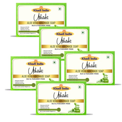 Image of Khadi Aloe Vera Handmade Bathing Soap Bar 125g (Pack of 5) | Natural & Herbal | Deep Hydration, Fights Acne & Pimples, Heals Wounds | Soft, Glowing & Brightening Skin | All Skin Types