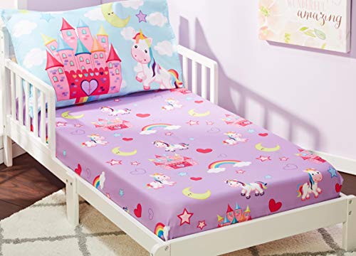 EVERYDAY KIDS Toddler Fitted Sheet and Pillowcase Set - Unicorn Dreams - Soft Breathable Microfiber Toddler Sheet Set