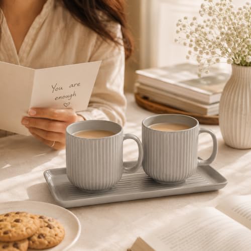 Image of miah decor Ceramic Coffee Mugs Set with Serving Platter, Handmade Stoneware