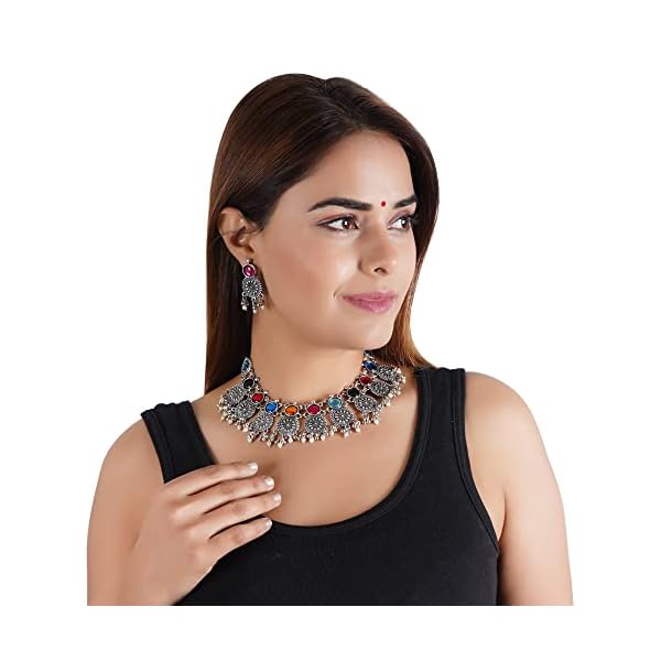 Shreyadzines Fashion Latest Choker Design Oxidised Silver Stone Traditional Necklace Earrings Jewellery Set for Women - Image 7