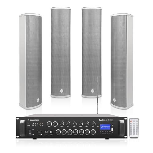 Sound Town Commercial Restaurant Bluetooth Amplifier + Column Speaker Set, with One 6-Zone 70V/100V Amplifier with Bluetooth, 4 x All-Weather Four 5-Inch Column Speakers, Grey (PAC360X4CL45G)