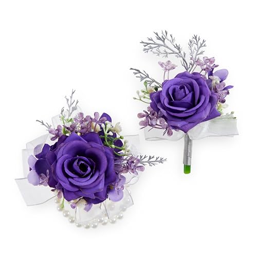Sahoottie 2 Pcs Purple Wrist Corsage and Boutonniere Set